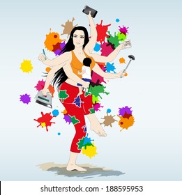 Multitasking super mother with six arms. Busy morning in colors