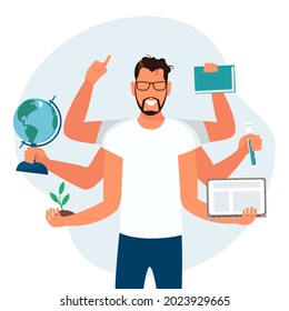 Profesor multitarea con seis manos. Profesora sonriente con un puntero, un libro, una planta, una laptop y un globo. Persona hábil. Concepto de educación. Ilustración del vector