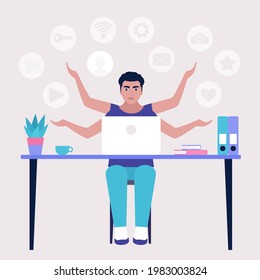 Multitasking, time management and blogging concept. Worker doing multitasking skills. Vector illustration in a flat style