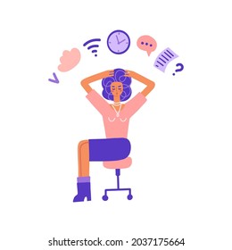 Multitasking and time management concept. Business woman doing multiple tasks at once. Busy Woman holding her head sitting on office chair. Flat vector illustration.