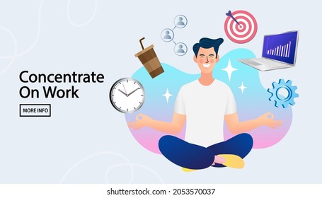 Multitasking And Time Management Concept. Business Man Practicing Mindfulness Meditation With Office Icons On The Background. Flat Man Sitting In Lotus Position. Emotional Balance. Stress Relief.