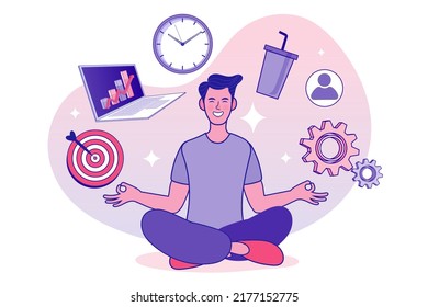 Concepto de multitarea y gestión del tiempo. Hombre de negocios practica meditación consciente con íconos de oficina en el fondo. Hombre plano sentado en posición de loto. Equilibrio emocional. alivio del estrés.