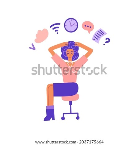 Multitasking and time management concept. Business woman doing multiple tasks at once. Busy Woman holding her head sitting on office chair. Flat vector illustration.