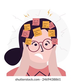 Concepto de multitarea y gestión del tiempo. Mujer de negocios haciendo múltiples tareas a la vez. Empleada ocupada sosteniendo su cabeza con notas de tarea pegatinas en la cara. Miedo a la fecha límite y muchos trabajos. Vector