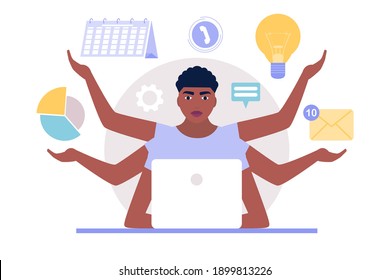 Concepto de multitarea y gestión del tiempo. Ilustración del hombre con laptop. Trabajador haciendo habilidades multitarea. Ilustración vectorial en un estilo plano