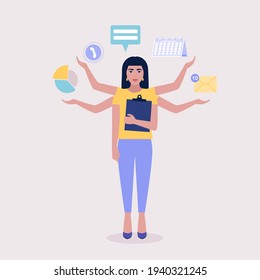 Multitasking and time management concept. Illustration of woman with laptop. Worker doing multitasking skills. Vector illustration in a flat style