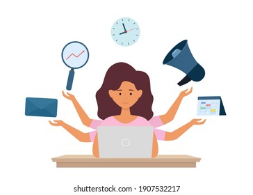 Multitasking and time management concept.  Multi tasks office manager working on laptop. Vector illustration isolated on white background.