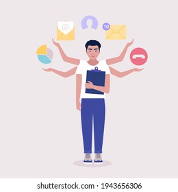 Multitasking and time management concept. Worker doing multitasking skills. Vector illustration in a flat style