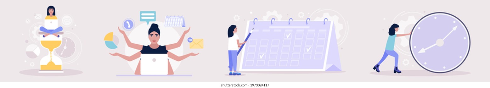 Multitasking and time management concept. Worker doing multitasking skills. Vector illustration in a flat style
