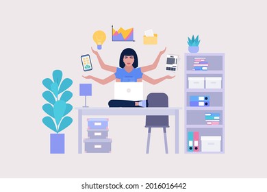 Multitasking and time management concept. Worker doing multitasking skills. Vector illustration in a flat style