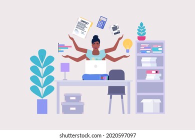 Multitasking and time management concept. Worker doing multitasking skills. Vector illustration in a flat style