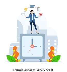 Multitasking and time management concept. Working person or business manager standing at big clock, doing effective multitasking with many hands. productivity concept. Flat vector illustration.