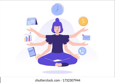 Multitasking and time management concept. Young freelancer woman or business manager doing meditation or practicing mindfulness, doing effective multitasking with many hands. Flat vector illustration 