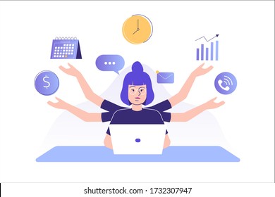 Multitasking and time management concept. Young freelancer woman or business manager working at office. Office worker doing professional multitasking. Multitasking skill. Isolated vector illustration 