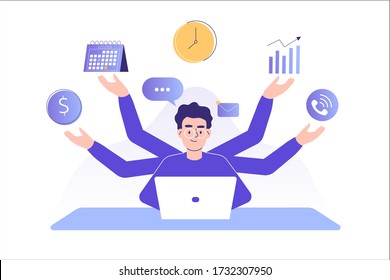 Multitasking and time management concept. Young freelancer man or business manager working at office. Office worker doing professional multitasking. Multitasking skill. Isolated vector illustration 