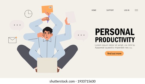 Concepto de multitarea y gestión del tiempo. Joven trabajador independiente o gerente de negocios que trabaja en la oficina en laptop. Banner de productividad laboral personal o de empleados, página de inicio web. Empresario ocupado.