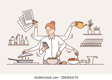 Multitasking and time management concept. Young smiling woman with six arms performing many tasks simultaneously in kitchen vector illustration 