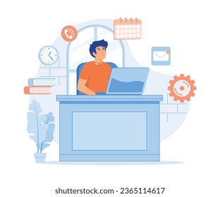 Multitasking, time management, Happy business man with multitasking skills sitting at his office,  flat vector modern illustration 