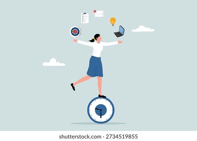 Profissional de multitarefa ou gerenciamento de tempo, produtividade ou empreendedorismo, empresária produtiva que equilibra o tempo e gerencia várias tarefas.