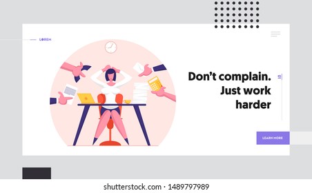 Multitasking Time Management Website Landing Page. Business Woman Surrounded by Hands with Office Things at Workplace Loaded with Hard Work in Office Web Page Banner. Cartoon Flat Vector Illustration