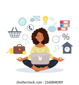 Multitasking. Vector business illustration. An African-American woman sits in a lotus position with a laptop and performs many tasks at the same time.A business woman practices meditation. 