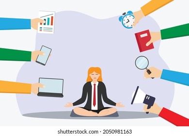 Multitasking vector concept: Businesswoman practicing yoga in her workplace while sitting with many tasks