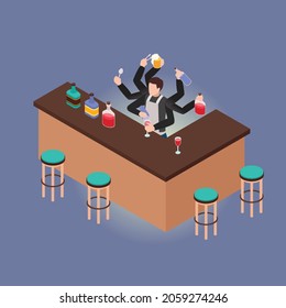 Multitasking vector concept. Expert barman doing multitask with many hands while making cocktail in the cafe