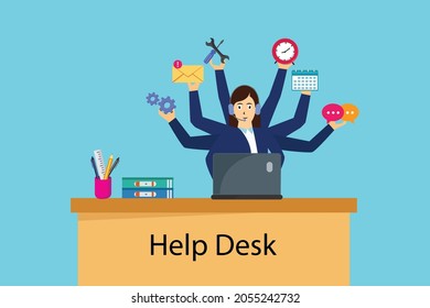 Multitasking vector concept. Female call center doing multitask with many hands while sitting with help desk text in the table