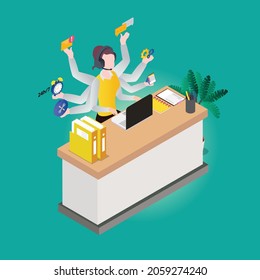 Multitasking vector concept. Female call center doing multitask with many hands while working in the office