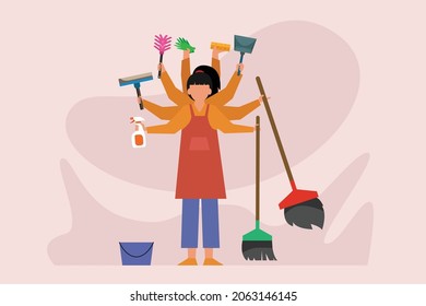 Multitasking vector concept. Female maid doing multitask with many hands while holding with cleaning equipment