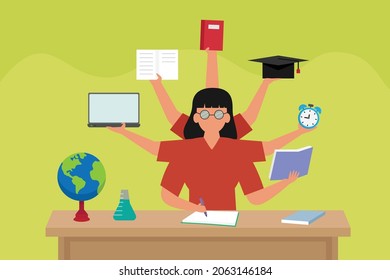 Multitasking vector concept. Female teacher doing multitask with many hands while sitting in the classroom
