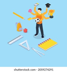 Concepto vectorial multitarea. Estudiante universitario masculino haciendo multitarea con muchas manos mientras está de pie con el gobernante y la mochila en la universidad