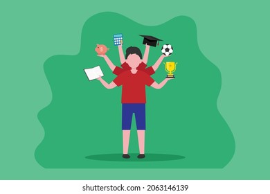 Concepto vectorial multitarea. Estudiante masculino haciendo multitarea con muchas manos mientras está de pie con el gobernante y la mochila en la escuela