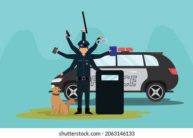 Multitasking vector concept. Police officer doing multitask with many hands while standing with his dog and car