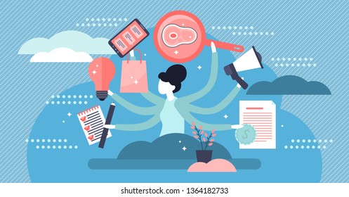 Multitasking vector illustration. Flat tiny busy work list persons concept. Job management overload lifestyle. Abstract time pressure and plan efficiency. Super mother house routine activity schedule.