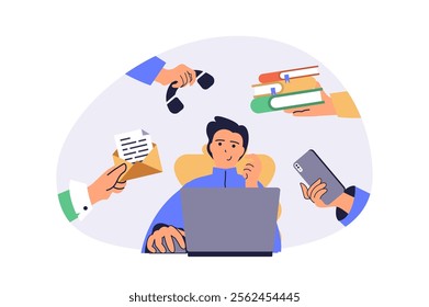 Multitasking web concept with flat cartoon people for website design. Man doing work tasks and organisation routines in office, coding at laptop, doing paperwork, shopping online. Vector illustration.