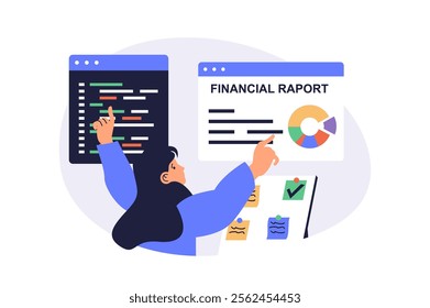 Multitasking web concept with flat cartoon people for website design. Woman doing work in office, coding and programming at screens, making financial reports, planning tasks. Vector illustration.