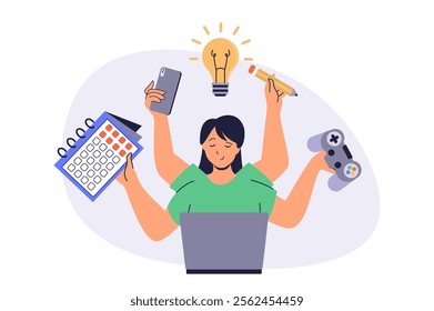 Multitasking web concept with flat cartoon people for website design. Woman with many arms doing different tasks in office, managing time, playing, calling phone, earning money. Vector illustration.