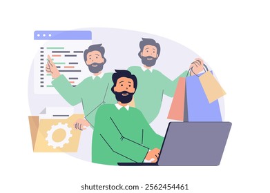 Multitasking web concept with flat cartoon people for website design. Man doing work tasks and organisation routines in office, coding at laptop, doing paperwork, shopping online. Vector illustration.