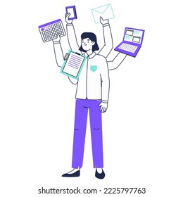 Multitasking woman, busy office female worker. Juggle business woman, productive lady flat vector illustration on white background. Professional multitasking character with many hands