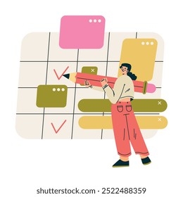 Personagem de mulher multitarefa no calendário executando várias tarefas na ilustração vetorial