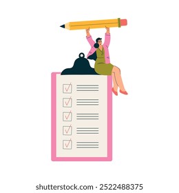 Personagem mulher multitarefa fazendo várias tarefas sentar na área de transferência com ilustração de vetor de lápis