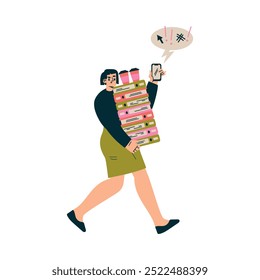 Personagem mulher multitarefa fazendo várias tarefas carregam pilha de pasta com ilustração de vetor de café