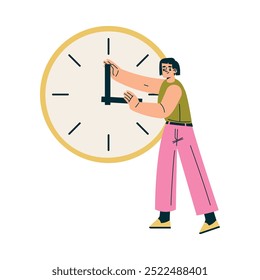 Personagem mulher multitarefa fazendo várias tarefas virar seta no relógio Dial Vetor Ilustração