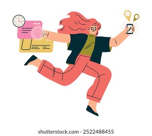 Personagem mulher multitarefa fazendo várias tarefas na ilustração do vetor da aplicação do smartphone