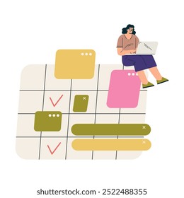 Personagem de mulher multitarefa no laptop realizando a ilustração vetorial de várias tarefas