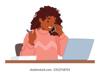 Multitasking Woman Character Working On Laptop And Making A Phone Call Simultaneously, Efficiently Managing Tasks, Communication, And Productivity. Cartoon People Vector Illustration