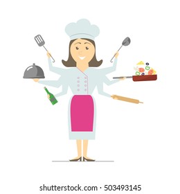 Multitasking woman chef with six hands, standing on white background holding a frying pan with vegetables, hot dish. Vector