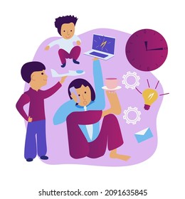 Multitasking woman with children try to work . Vector banner concept.