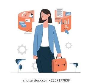 Multitasking woman concept. Girl with briefcase evaluates graphs and charts. Hardworking businesswoman works with statistics. Financial literacy and passive income. Cartoon flat vector illustration